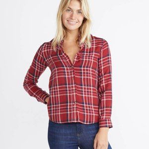 Marine Layer Abby Button Down Japanese Twill Top Linen Ramie Cotton Red Plaid